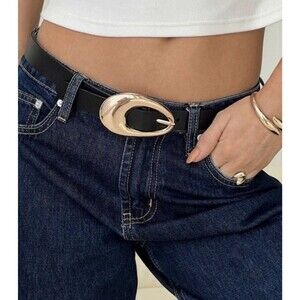 NWT Zara Black Cow Leather Fashion Belt Sz 30 2” Wide 80 Made In Spain Gold